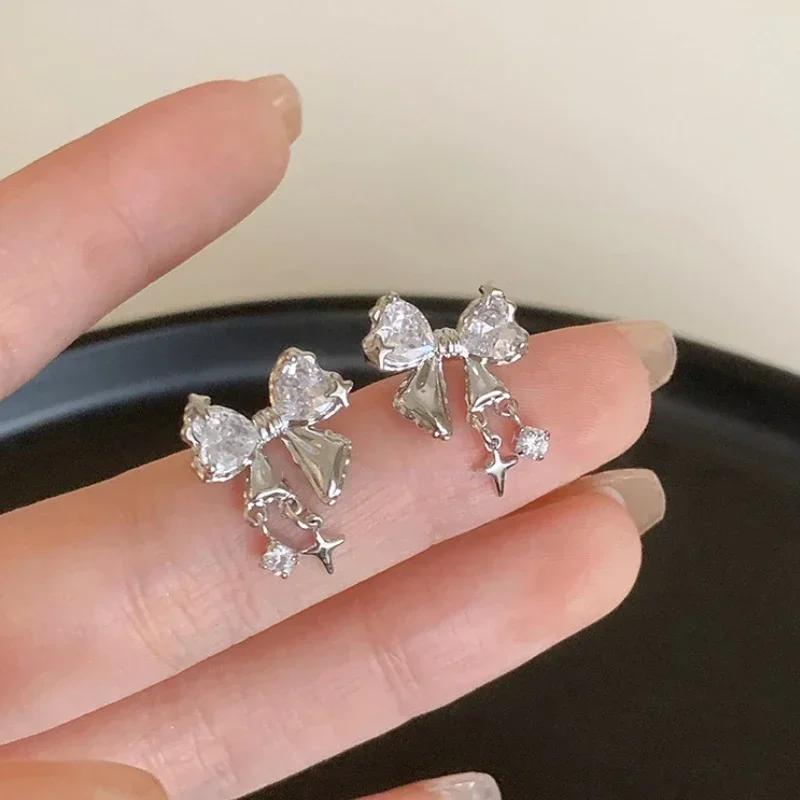 Korean Bows Zircon Stud Earrings for Women Trendy Cute Pink Crystal Earrings Y2k Bowknot Earring Girl Party Jewelry Gifts