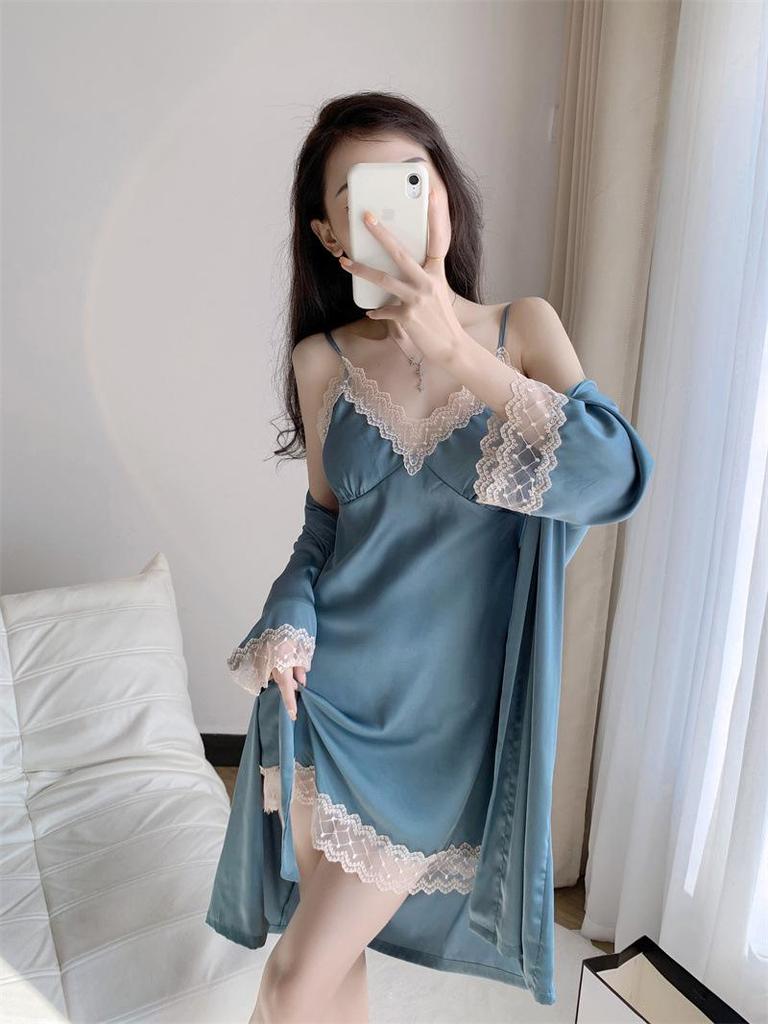 2023 Women's Sexy Summer Two-Piece Pajama Set: Ice Silk Camisole Nightdress & Long Sleeve Robe with Chest Pads