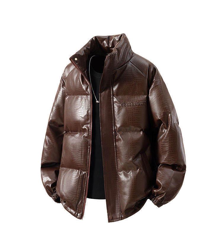 2025 Men's American Style Crocodile Pattern PU Leather Winter Jacket - Thick, Loose, Plus Size Cotton Coat