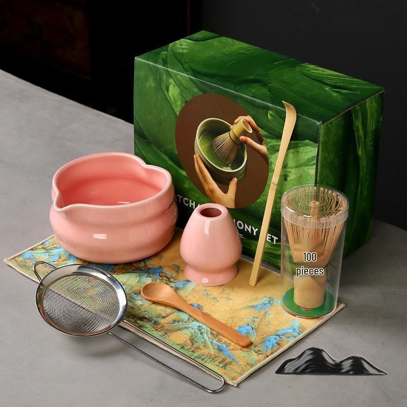 Japanese Heart-shaped Matcha Bowl Set with Whisk and Brush for Tea Ceremony