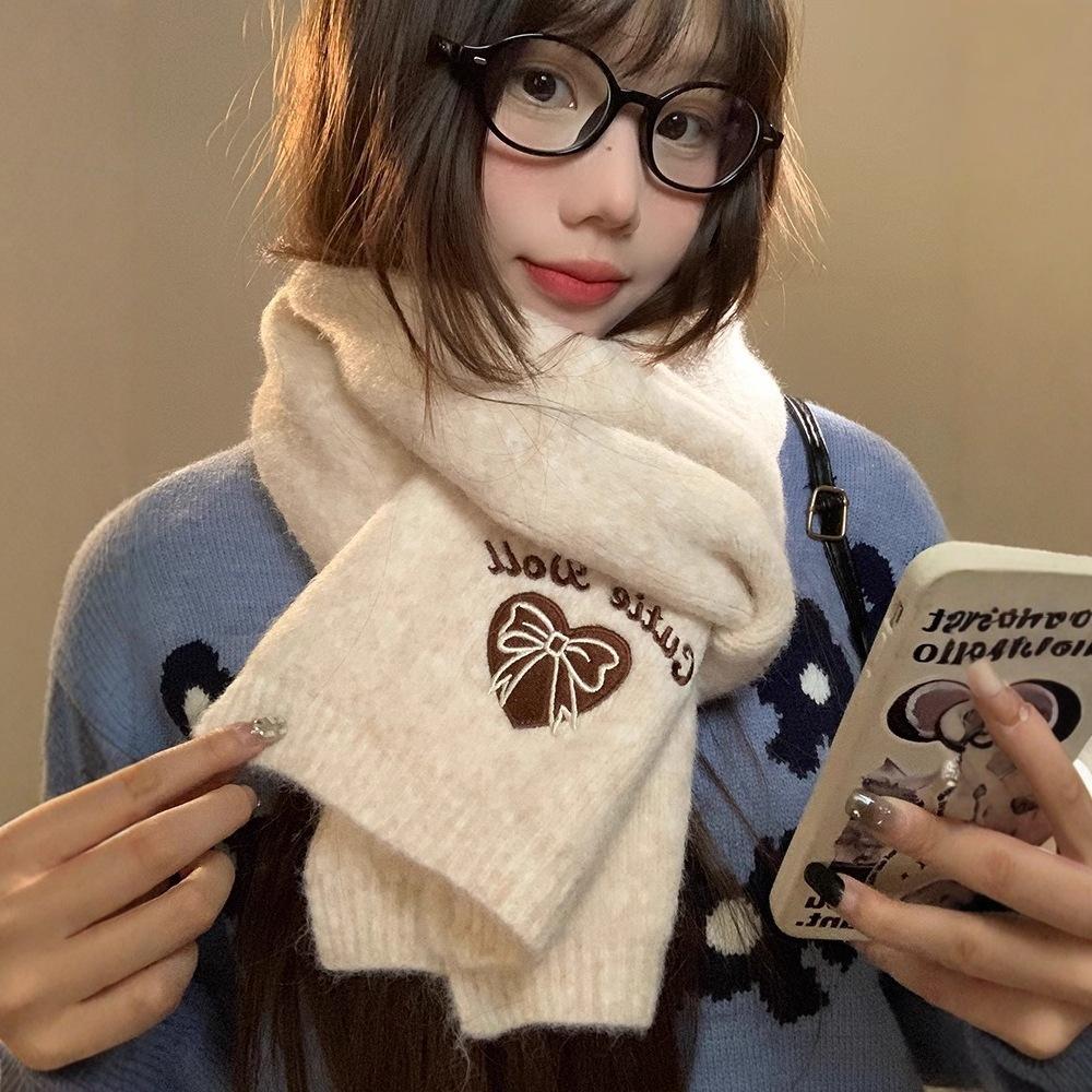 Love Bow Embroidered Scarf Women's Winter New Korean Versatile Warm Scarf Hand-knitted Student Couple