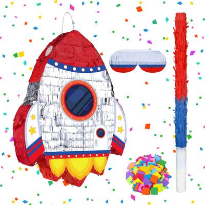 Raketenschiff-Piñata mit Zugschnur, Raketen-Piñatas mit Augenbinde, Fledermausstab-Konfetti für Kinder, Weltraum-Geburtstagsparty-Zubehör
