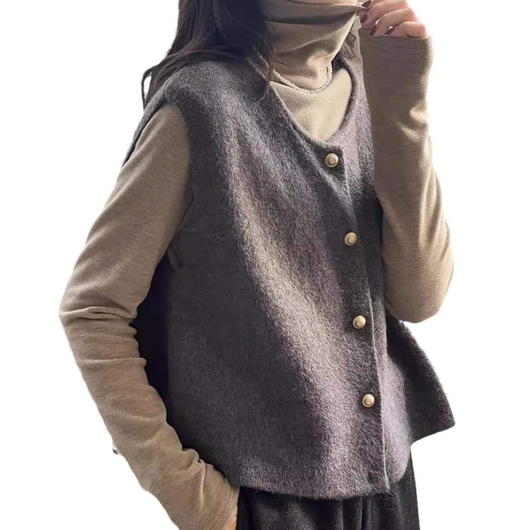 

Вязаный жилет в стиле ретро, женский осенний французский свободный свитер-майка с круглым вырезом поверх корейского топа на плечах L