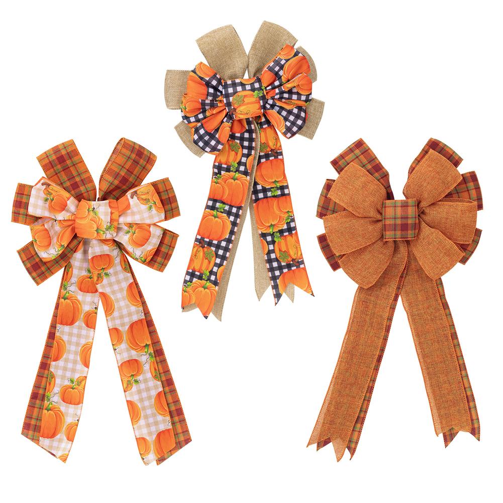 3pcs Large Fall Bows, Pumpkin Plaid Print Bows For Wreaths, 11"x19.7" Thanksgiving Ribbon Bows For Home Indoor Outdoor Decoration Ornament