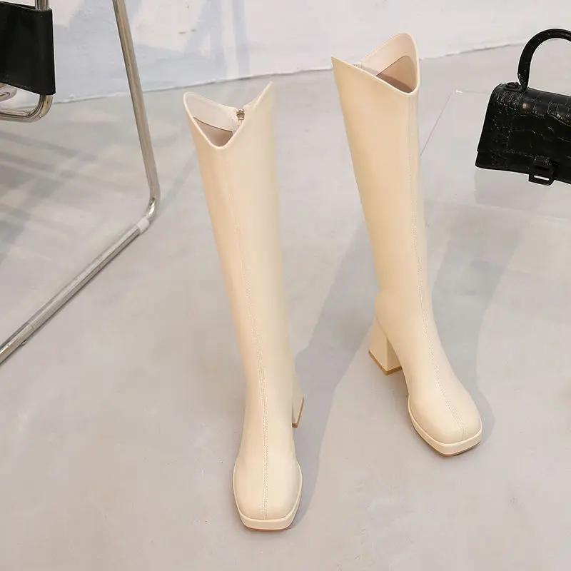 Fashion Middle Heel Solid Color Long Boots for Women New In Large Size Warm Fashion 2024 Y2k Work Boot Pu 39 Knee High Shaft Shoes Woman