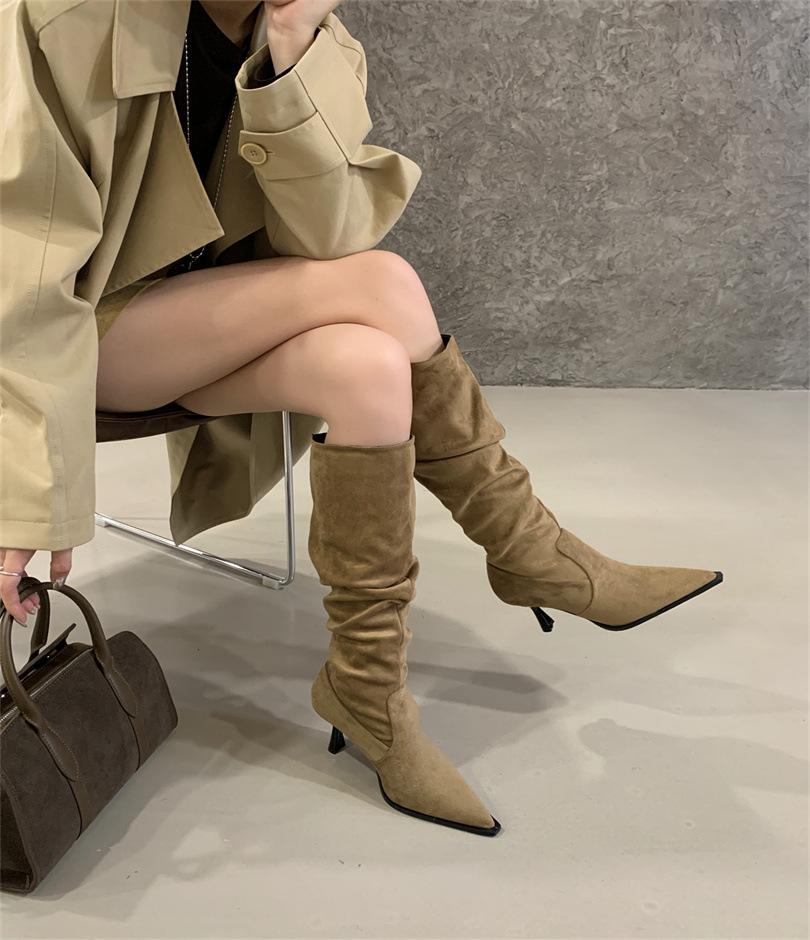 

High Heel Pointed Khaki Suede Pile Boots Women s Shoes 2025 Autumn and Winter Single Boots Skinny Long Knight Boots 39 хаки