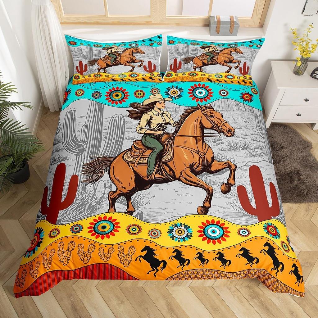 Cowgirl Horse Duvet Cover Set King Romantic Butterfly Bedding Set Farm Animal Comforter Cover Western Tribal Boho Quilt Cover