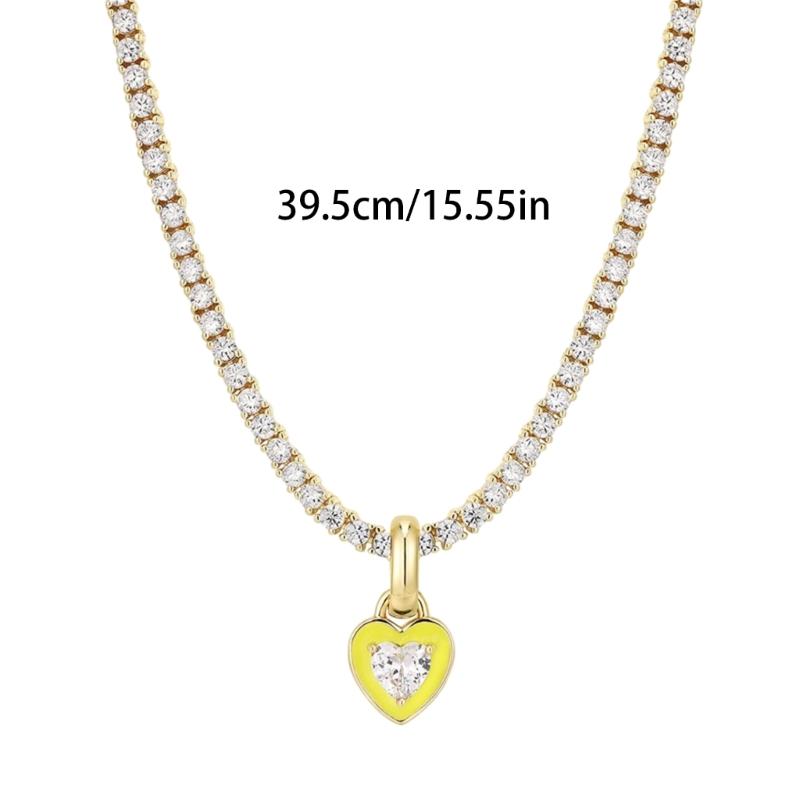 Colorful Zircon Heart Neckchain Tennis Chain Necklace for Women Fashionable Rhinestone Choker Versatile Jewelry Decor