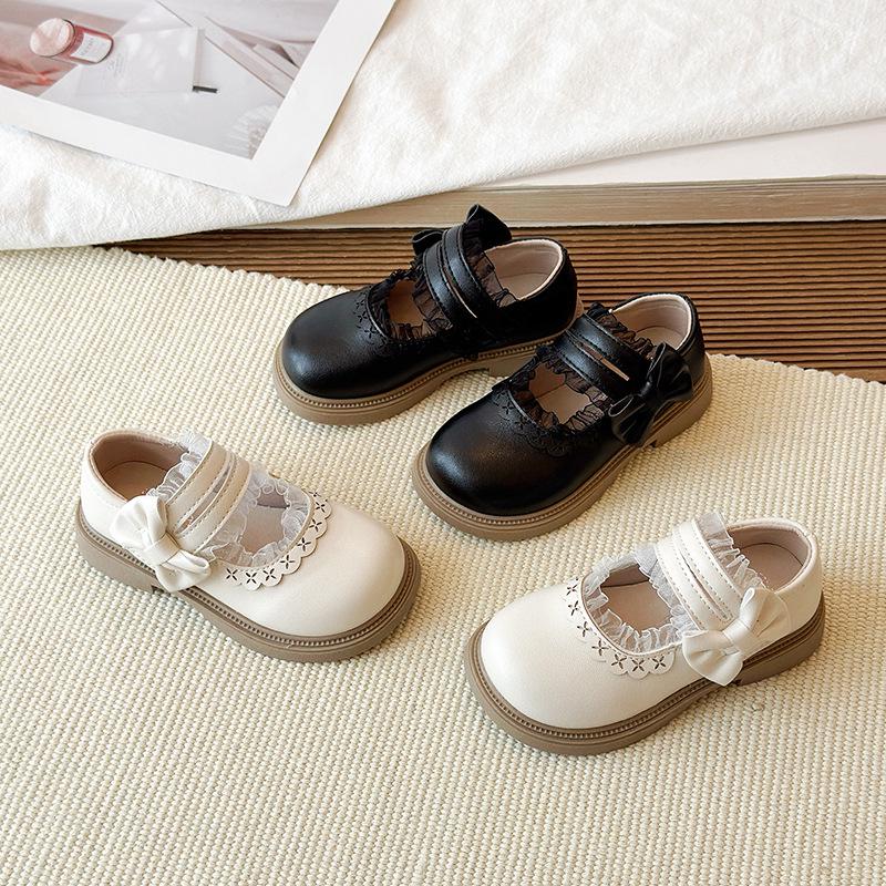 2026 Spring/Autumn Girls' Leather Bow Lace Princess Shoes - Non-slip Stylish Single Shoes for Little Girls