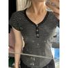 Contrasting striped v-neck front shoulder short-sleeved t-shirt women's summer new Spice Girl slim and thin waist short temperament top