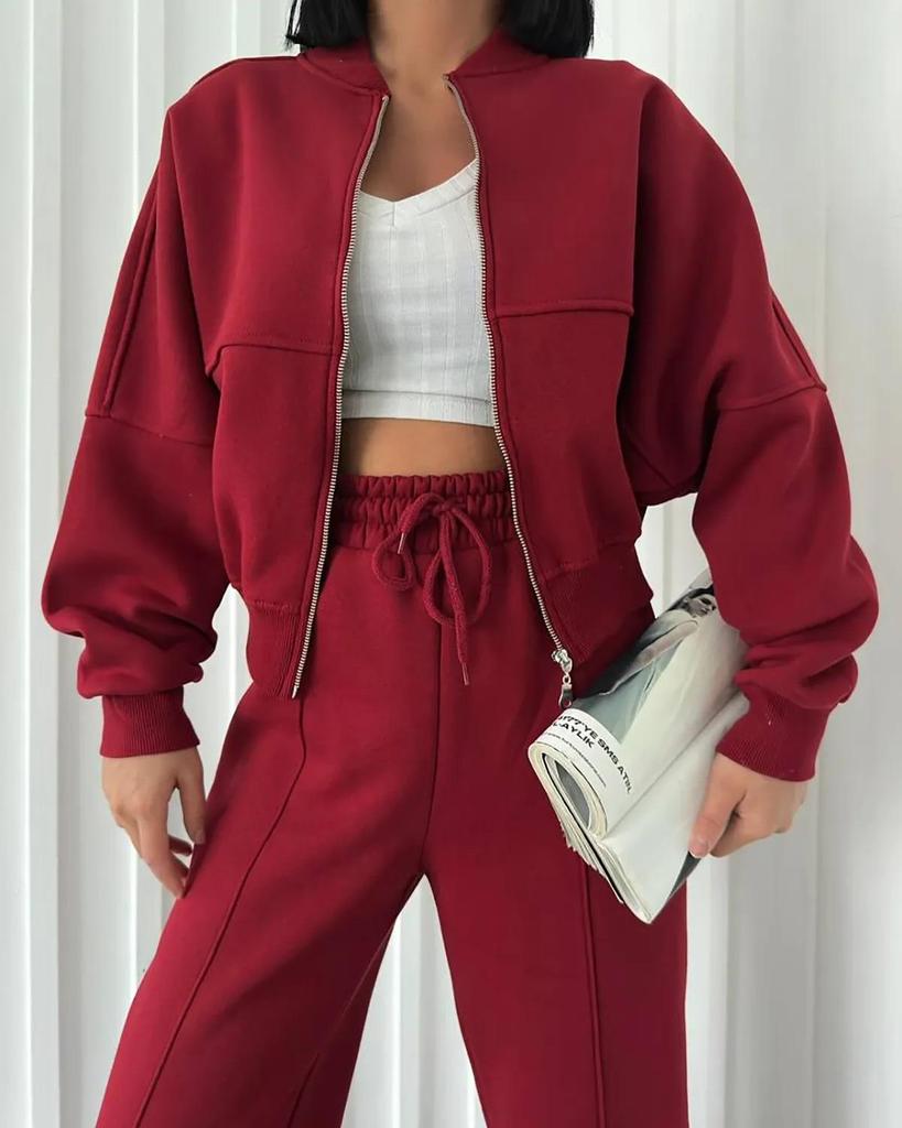 Women's Grey Cropped Zipper Hoodie and Loose Fit Sweatpants Casual Lounge Set