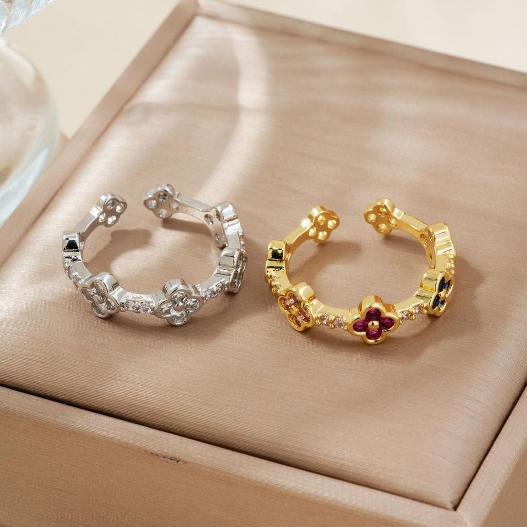 New Light Luxury Temperament Small Flowers Open Ring Atmosphere Sense Of Colour Zirconia Four-Leaf Flower Ring Four-Leaf Clover Ring