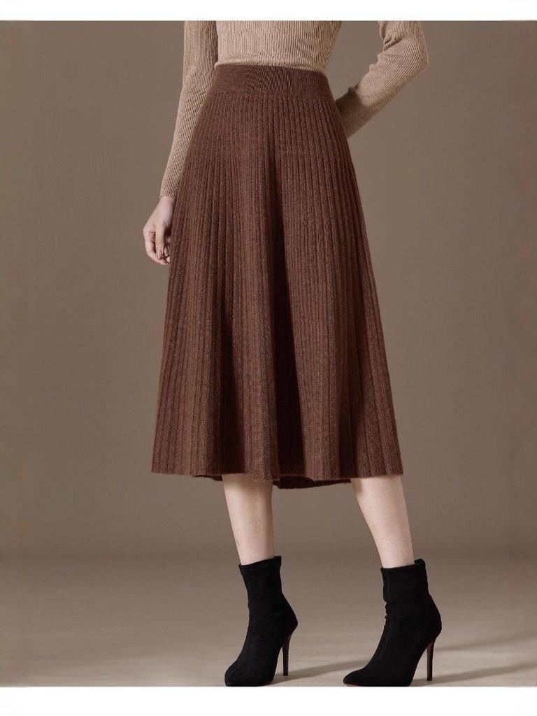 Autumn/Winter 2025 Pleated Midi Skirt - 100% Cashmere, Slimming, Solid Color, Versatile and Stylish.