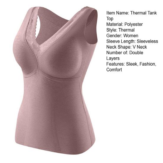 Women Thermal Tank Top Lace V Neck Fleece Lined Base Layer Thick Sleeveless Padded Undershirts Warm Camis Underwear Top for Cold Weather