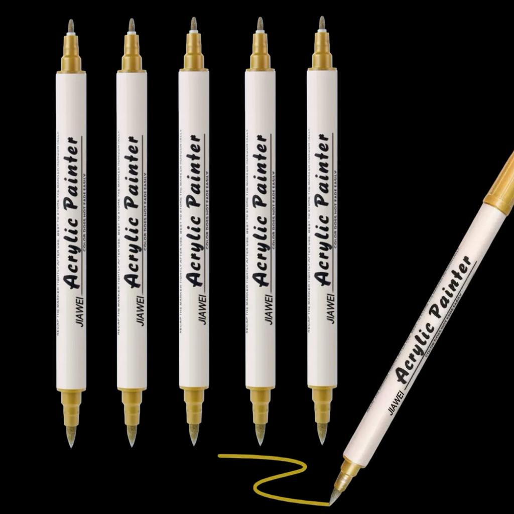 5Pcs Golden Acrylic Paint Markers Dual Tip Brush & Fine Tip Metallic Gold Paint Pens for Art Craft Drawing Rock Painting