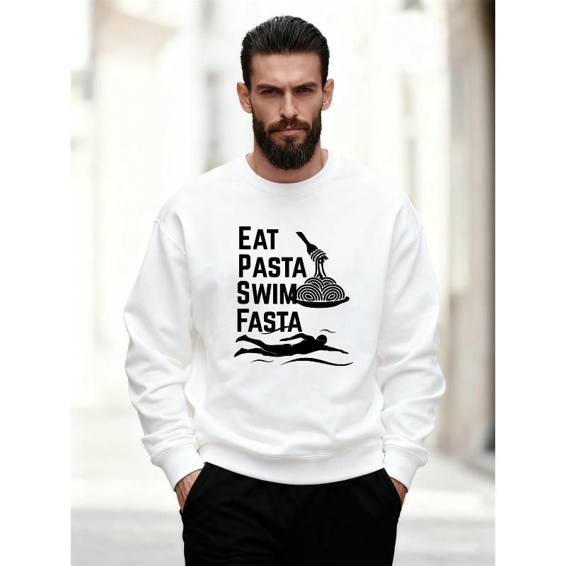 Herren Eat Pasta Swim Fasta Lässiger Rundhals-Pullover, Lockerer Schnitt, Einfarbige mit Grafik.