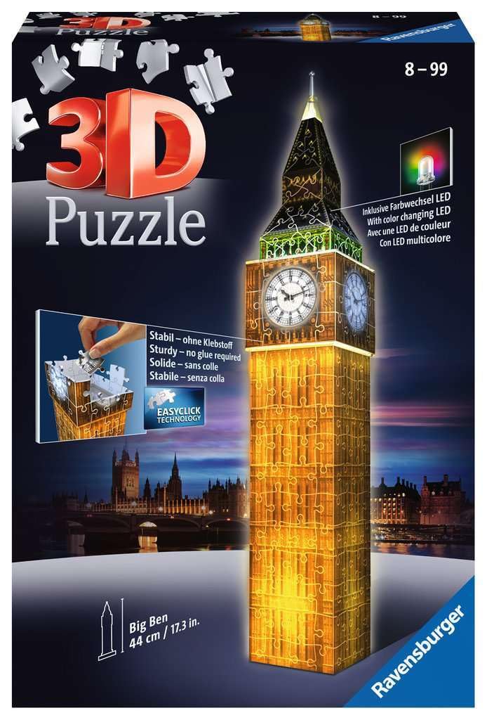 Ravensburger 3D Puzzle Big Ben Night Edition 216 Pieces Finished Height 44cm 12588 3 Recommended 3D Gift Size Age 10+ [Puzzle, Puzzle,