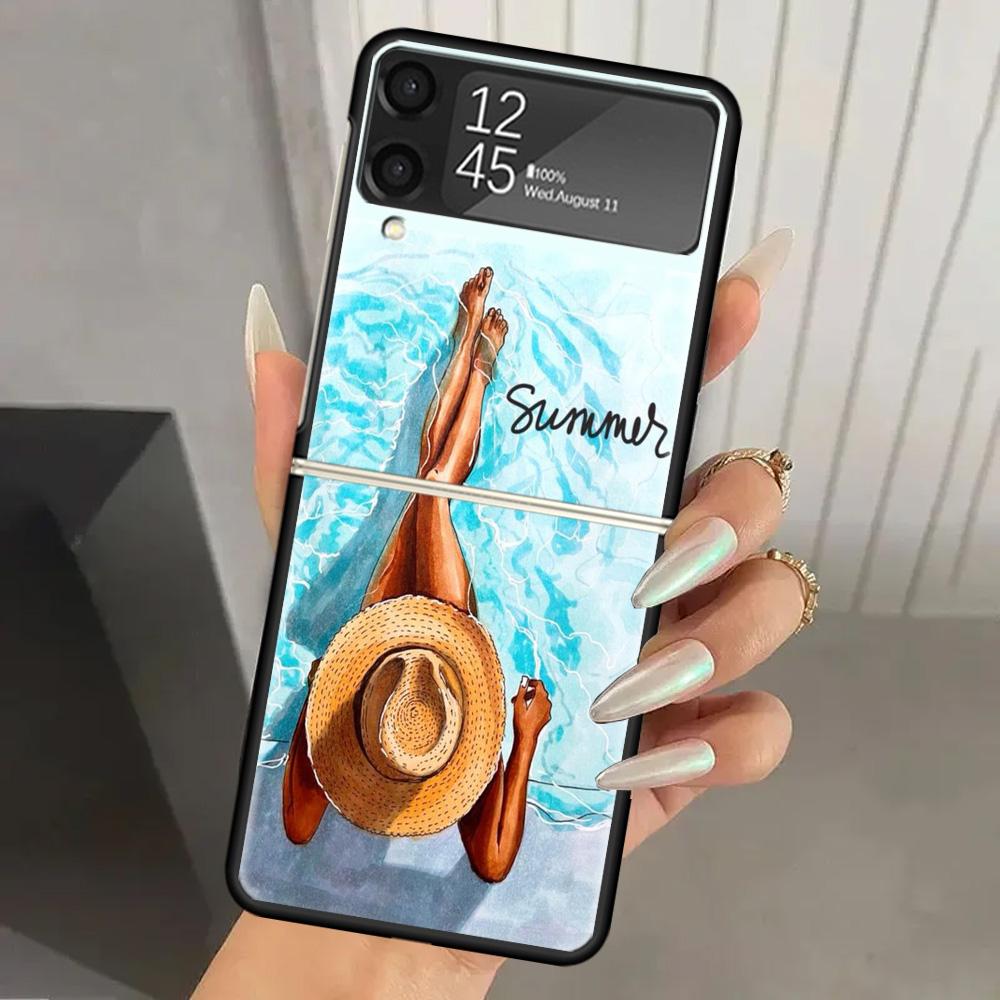 Girl Flamingo Summer Beach Hard PC Phone Case For Samsung Galaxy Z Flip 6 5 4 3 Black Cover ZFlip6 Flip5 Flip4 5G Foldable Print