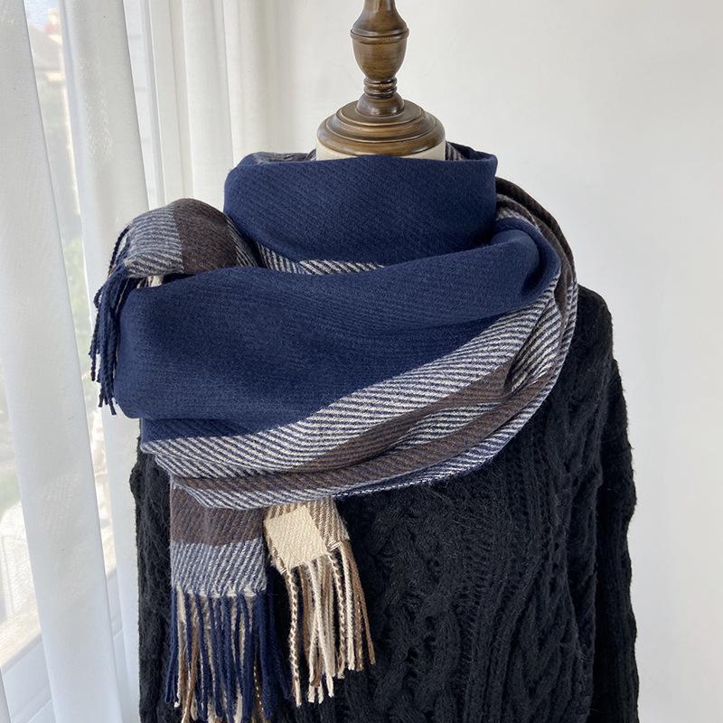 

Женский эластичный мягкий клетчатый шарф в полоску, зимний теплый шарф с кисточками, универсальный модный аксессуар для повседневных прогулок и холодной погоды