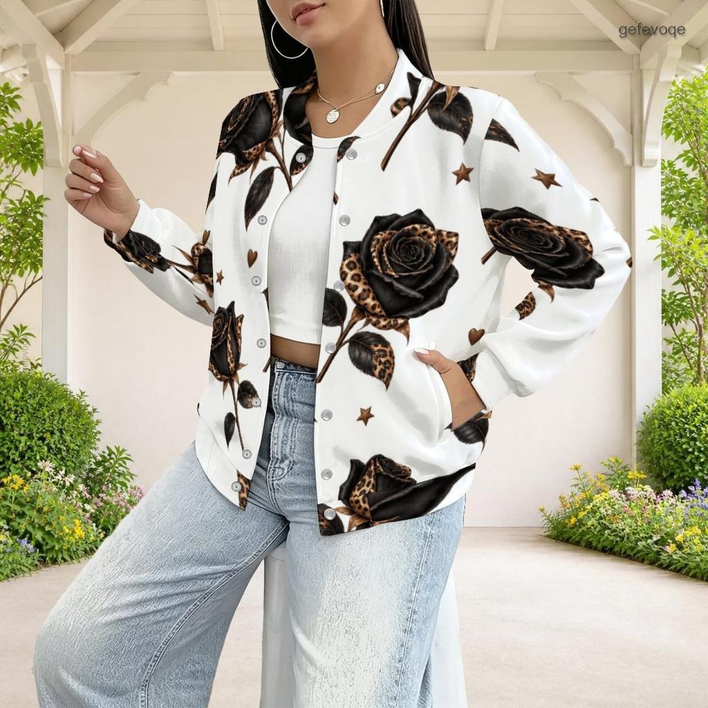 Women Plus Size White Leopard Star Heart Printed Long Sleeve Baseball Collar Jacket With Pockets