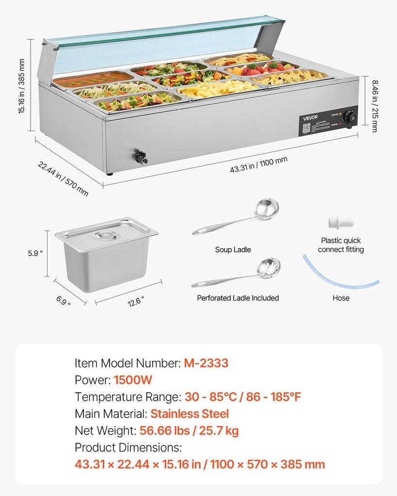Commercial Food Warmer, 1500W Electric Stainless Steel Steam Food Warmer with Glass Cover, 9-Pan Countertop Buffet Bain Marie with Soup & Perforated