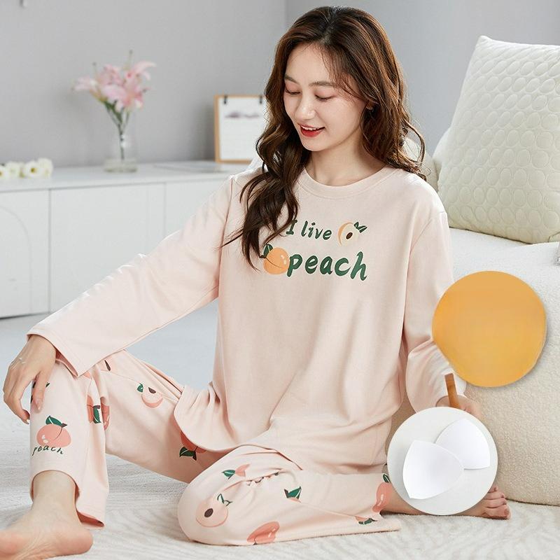 Pajamas with Chest Pads, Women's Autumn and Winter Long-sleeved Cotton, Cute and Casual, Can Be Worn Outside Home Service Suits