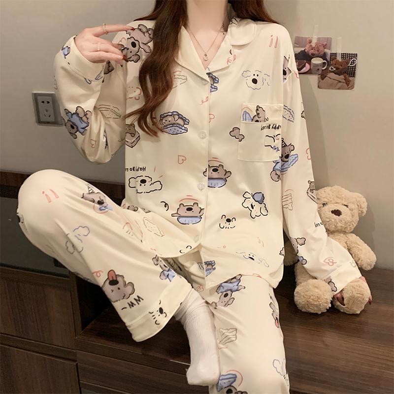 Harajuku Cute Happy Puppy Women Pajamas Fashion Cartoon Print Sleepwear  Milk Silk Cartoon Print Lounges