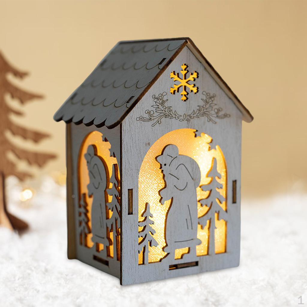 LED Wooden Christmas Scene Village House Figurine Light up Desk Collectible Santa claus-L