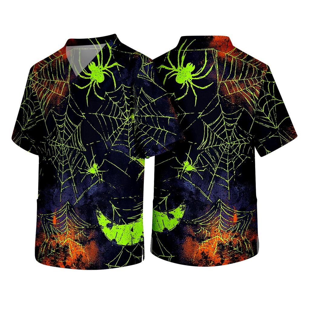 Men's Short Sleeve V Neck Halloween Print Medical Scrub Top with Chest Pocket Suitable for Healthcare Professionals and Caregivers