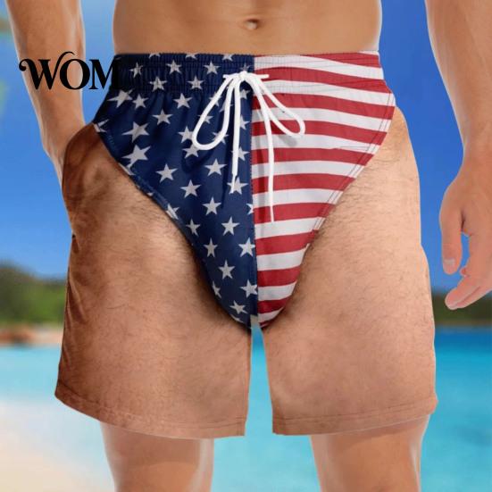 American Flag Pattern Shorts Funny Patriotic Men Shorts, Stars And Stripes Swim Trunks, Quick Mens Trunks Dry Drawstring Waist Board for Summer Beach
