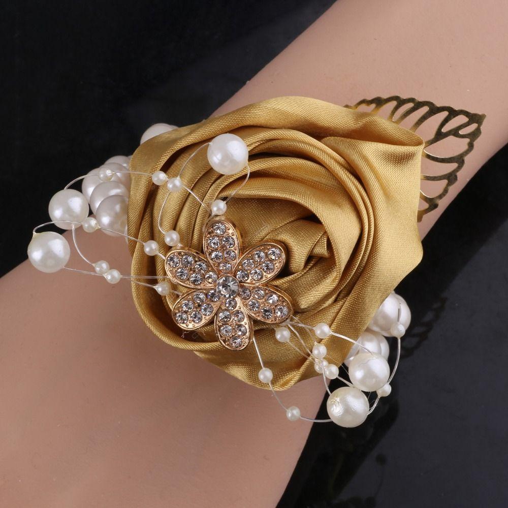 Artificial Rose Bridesmaid Wrist Flowers Pearl Wedding Flower Bracelet Wrist Corsage Girls