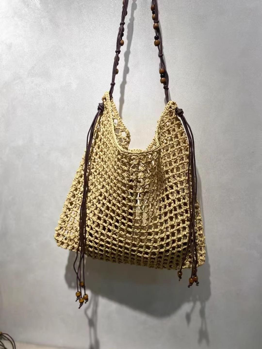 

Summer Woven Beach Bag Women Mesh Rope Knitted Handbags Reticulate Hollow Shoulder Bag Ladies Travel Large Capacity Shopper Tote бежевый