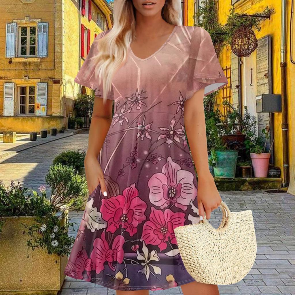 Women Summer Dress Casual Swing Floral Ruffle Short Sleeve Sundresses Beach  A-line  Dress  With Pockets