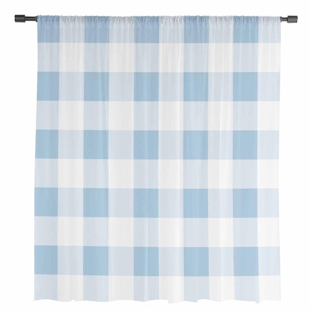 Blårutig Vår Skira Gardiner för Vardagsrumsdekoration Fönstergardiner för Kök Tyll Voile Organza Gardiner