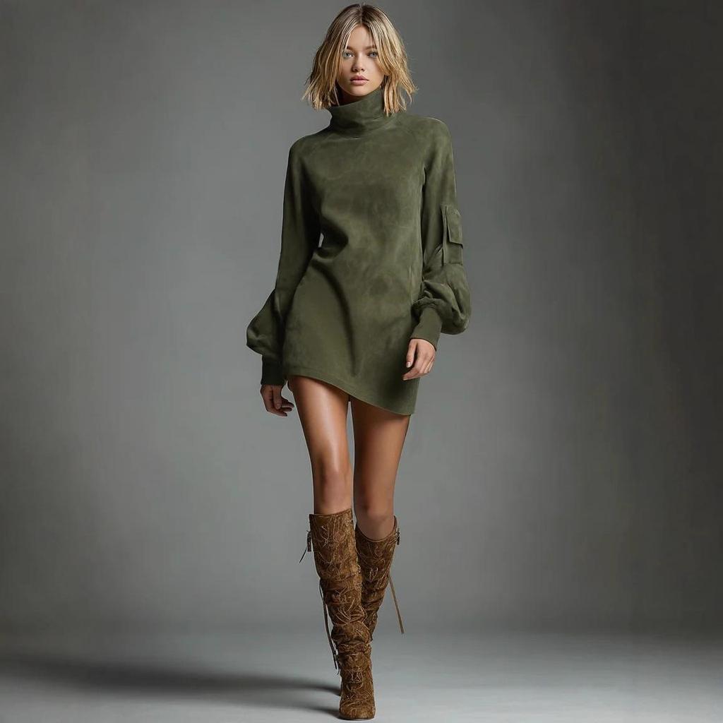 European & American High-End Women's Retro Faux Suede Lapel Dress - Autumn/Winter New Long Sleeve Short Skirt, 2025 Collection.