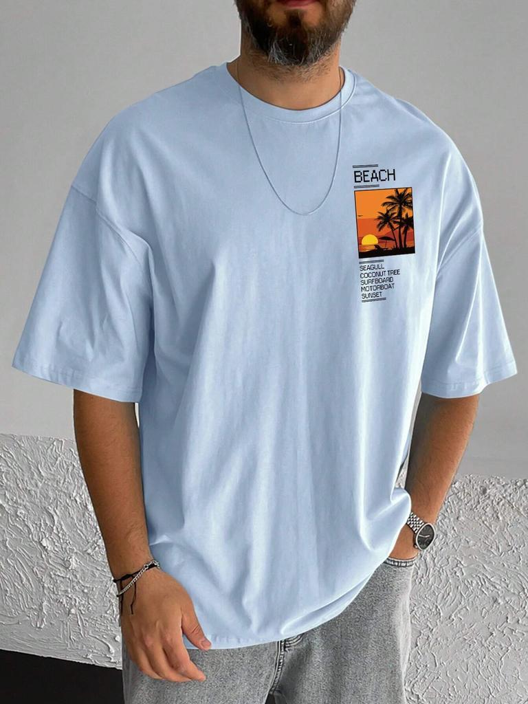 Men's 100% cotton summer loose Coconut Tree&Sloan Graphic printed slim fit casual sports round neck short sleeved T-shirt top