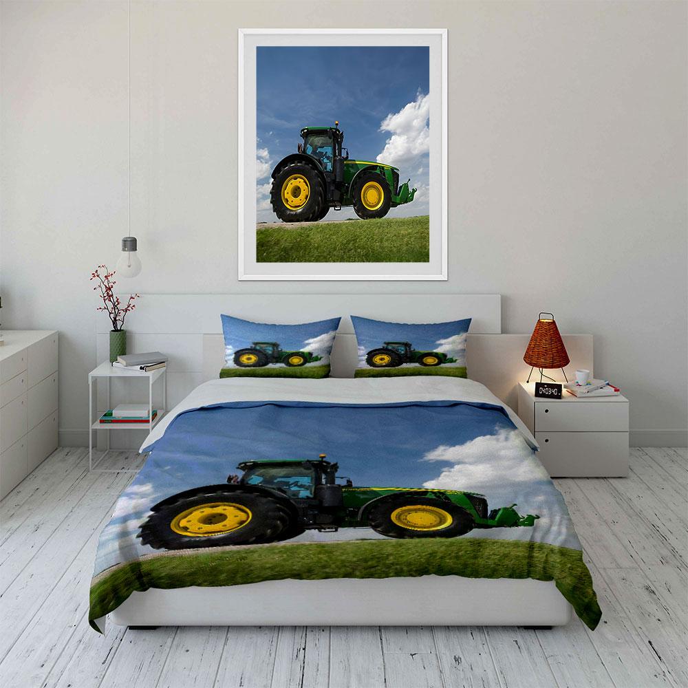 Large Green Tractor In Field Bedding Set For Kids Luxury Gift 3Pcs Digital Print Comforter Set Soft Comfortable Breathable