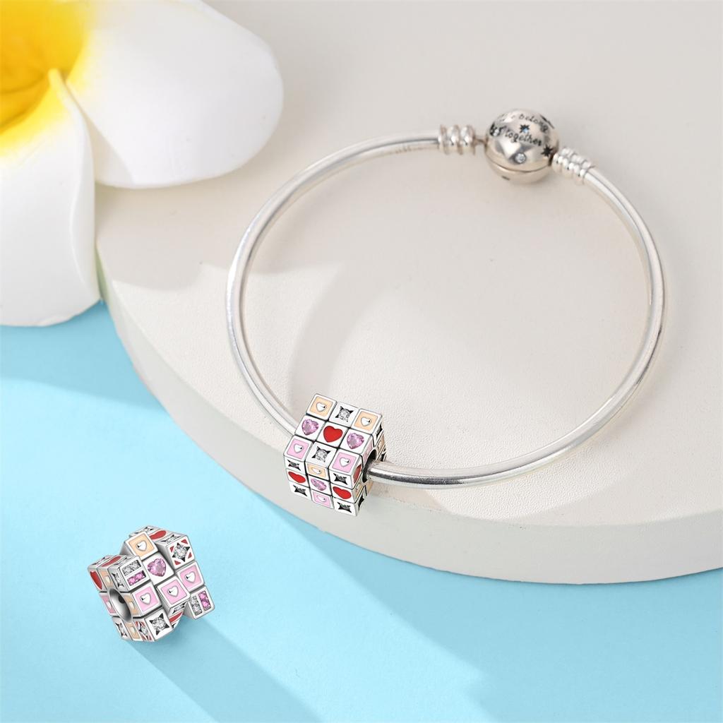 Charms Original Copper Plated Love Heart Magic Cube Beads Fit Bracelet Diy Fine Gift Women Delicate Jewelry
