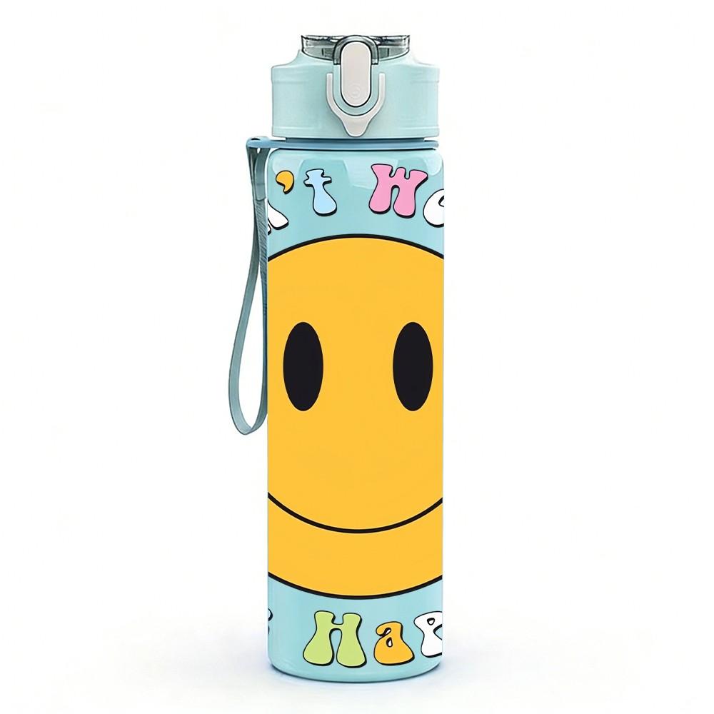 1PC Smiley Face Retro Simple Slogan Art Print 750ml Color Plastic Sports Water Bottle Leakproof Flip Straw Lid Suitable for Sports Office Home Use