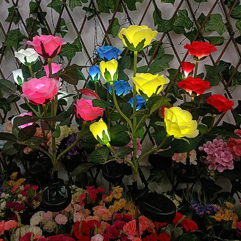Outdoor Solar LED Lawn Lamp Artificial 5 Heads Rose Flower Holiday Garden Ground Light Wedding Party Yard Patio Lawn Home Decor