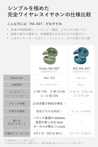 JVC Kenwood Victor HA-A6T-B Wireless Earphones Bluetooth 5.4 23 Hours Playback Microphone Compact Lightweight Waterproof Black