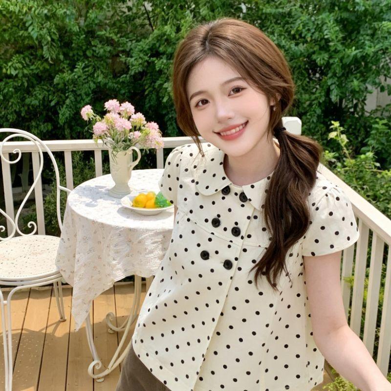 Women White Polka Dot Peter Pan Collar Short Sleeve Double Breasted Cropped Casual Blouse