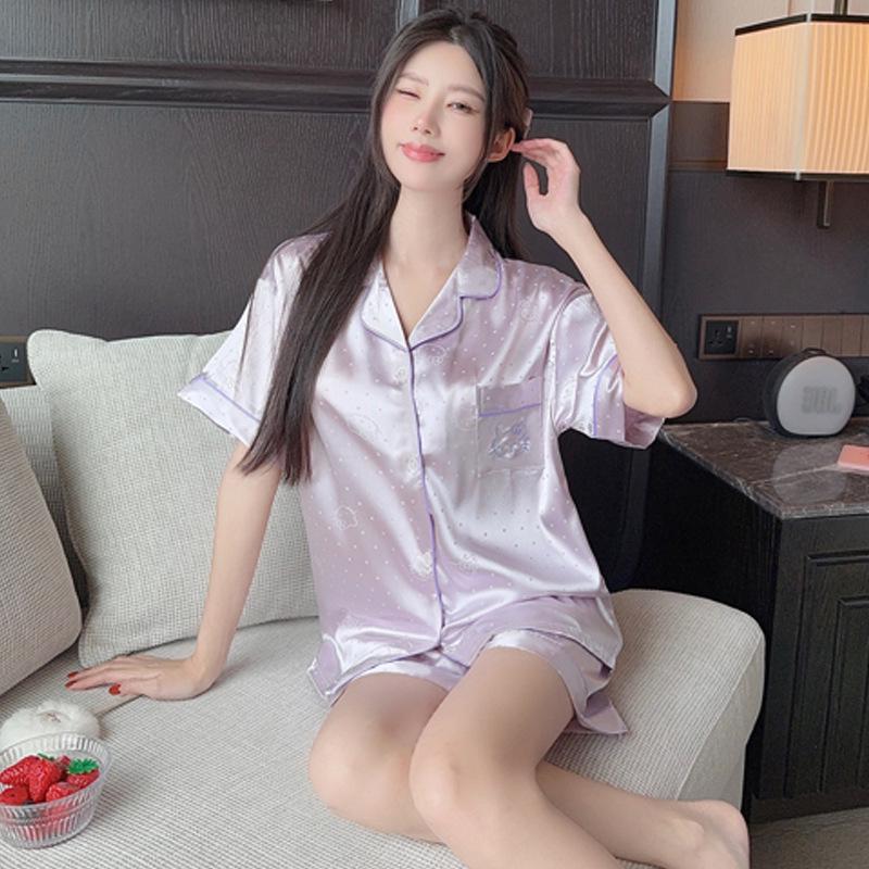 Women's Summer Pink Stripe Ice Silk Short Sleeve Pajama Set for Indoors and Outdoors