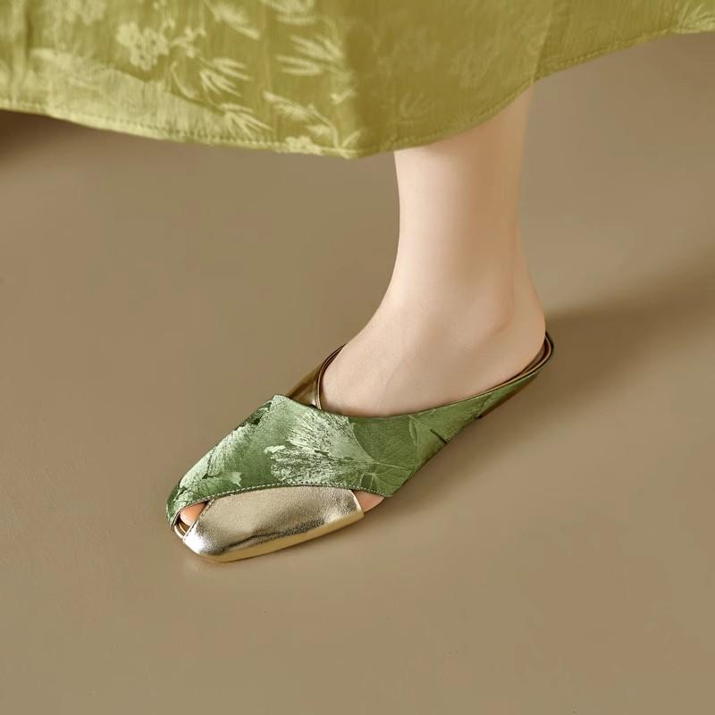 Fashion Women's Cover Toe Half Slippers Summer Soft Leather Printing Color Blocking Square Head Hollow Flat Slippers Female Mules New