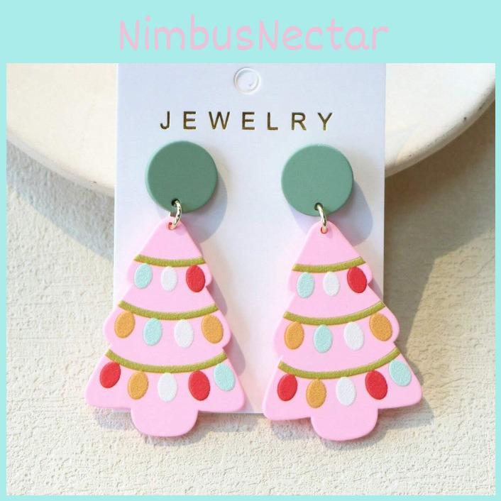 Delightful Geometric Floral Pink Christmas Tree Ear Studs For Joyful Celebrations