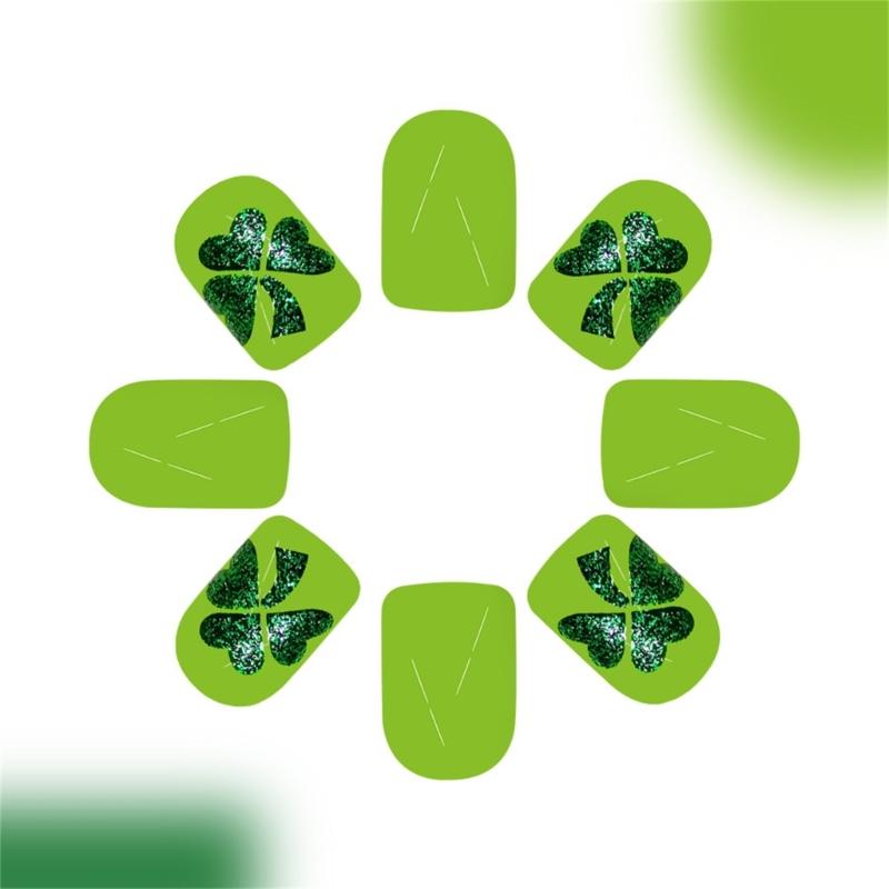 24 Pcs Short Square False Nail Glossy Stick on Nail Saint Patricks Day Press On Nail Clovers Artificial Nail