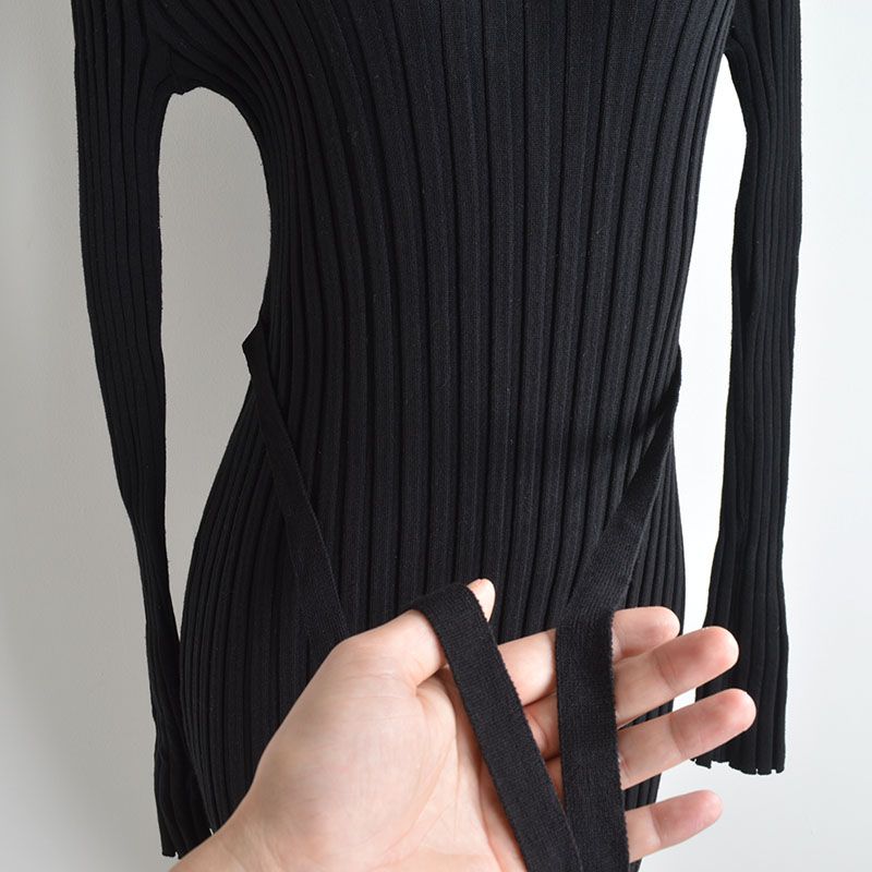 French Style New Arrival Solid Color and V-neck Sunken Stripe Long Sleeves Knitting Dress Women's Clothing Fall/Winter Slim Slim Looking Base Dress