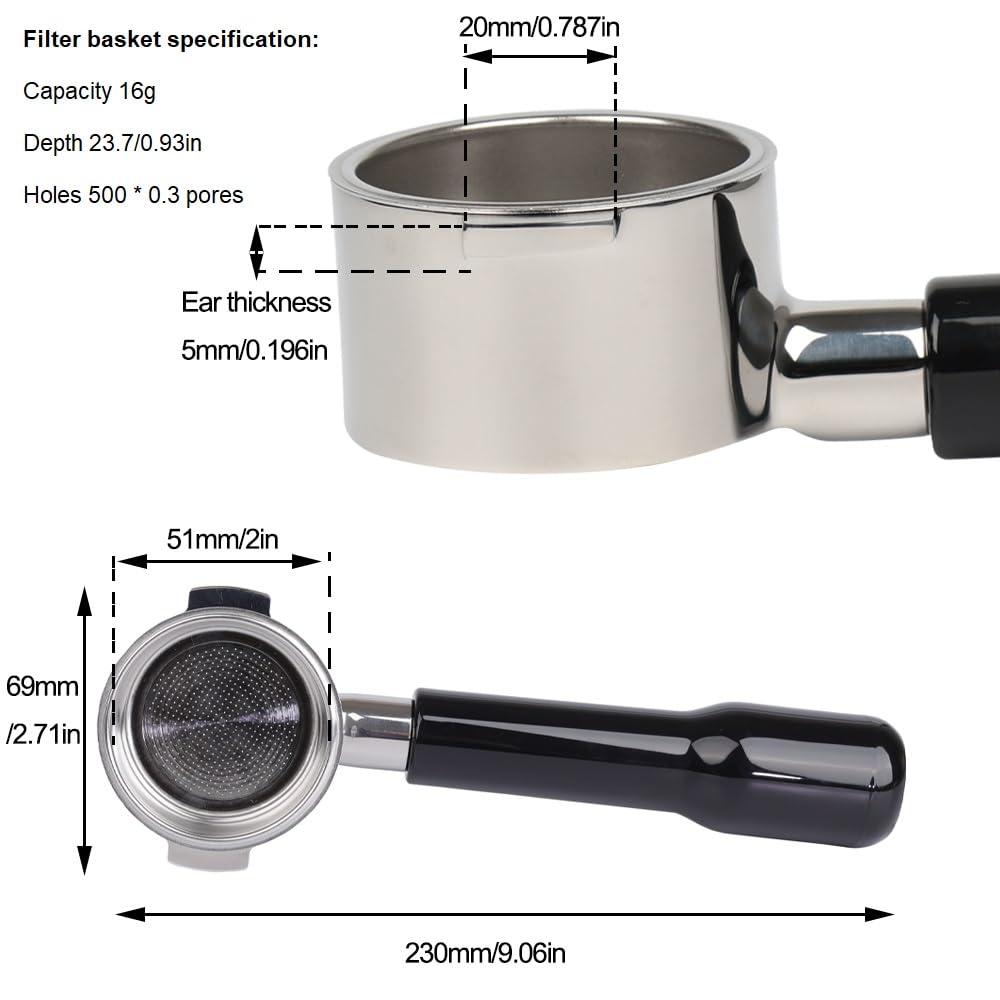 CAPFEI 51mm Portafilter for DeLonghi 51mm Bottomless Portafilter 2 Stainless Steel Replacement Part for DeLonghi Handle ECP3420/EC155/BCO430/EC260,