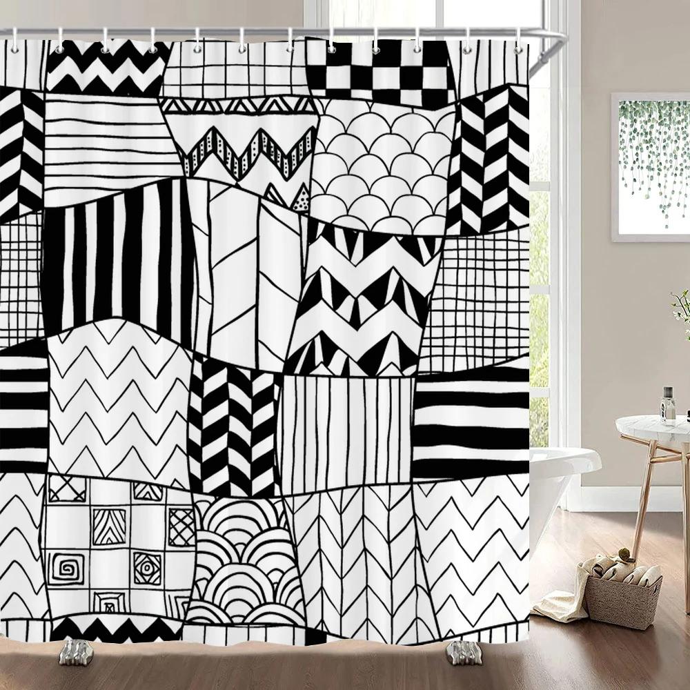 1 Pc Black White Geometric Print Polyester Shower Curtain Waterproof Fabric Partition Bathroom Curtain ,Decoration Bath Curtain