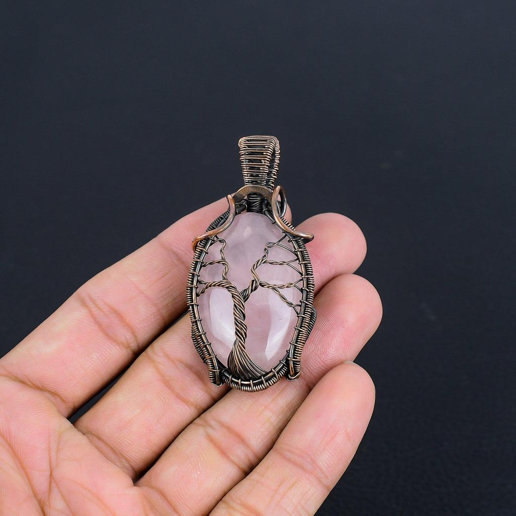 Rose Quartz Jewelry, 999 Copper Wire Wrapped  Pendant Handmade Gemstone Jewelry, Gifts For Wife Brand New Pendant